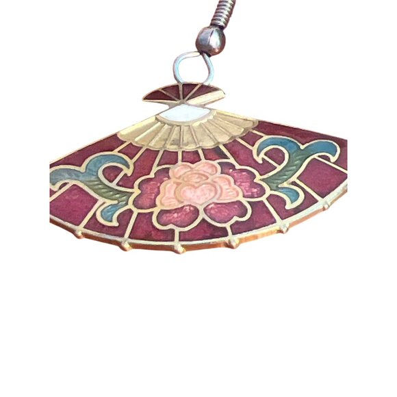 Vintage Fan-Shaped Enamel Cloisonné Earrings Gold Tone Floral Hook Estate 1.5" - Picture 3 of 4